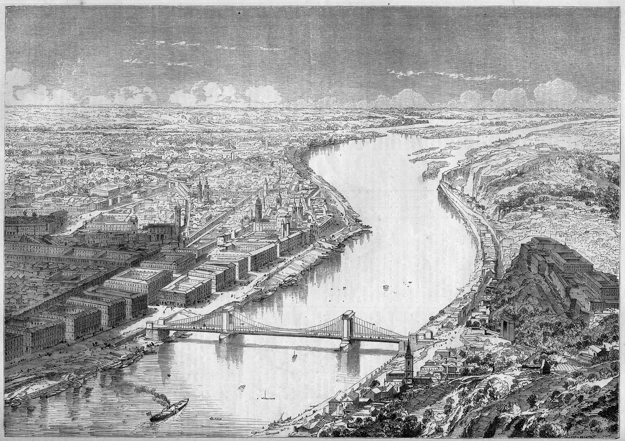 Näkymät Unkarin pääkaupungin Pesthin (Pest) kaupunkiin vuonna 1861 ja Szechenyi-sillalle tai Chainesin sillalle, joka rakennettiin vuosina 1840–1849. Kaiverrus "" Le Monde Illustré" -julkaisussa nro 229, 31. elokuuta 1861. tekijältä French School