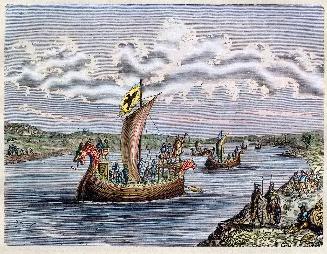 Viikinkivene - Drakkar - Normanit laivaavat jokea pitkin - kaiverrus Henri Martinin "L