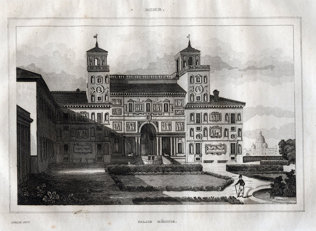 Villa Medici Rooma - Villa Medicis - Kaiverrus "" maalauksellisesta Italiasta"" - Italian historiallinen ja kuvaava maalaus", M. de Norvins, Ch. Nodier 1834-1836. tekijältä French School
