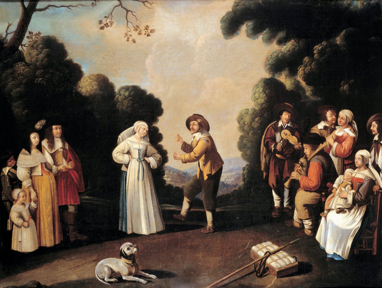 Kylätanssikohtaus luultavasti hääjuhlissa, raskaana oleva nainen vasemmalla. Ranskalaisen koulun maalaus. 1600-luvun Avignon, Musee Calvet tekijältä French School