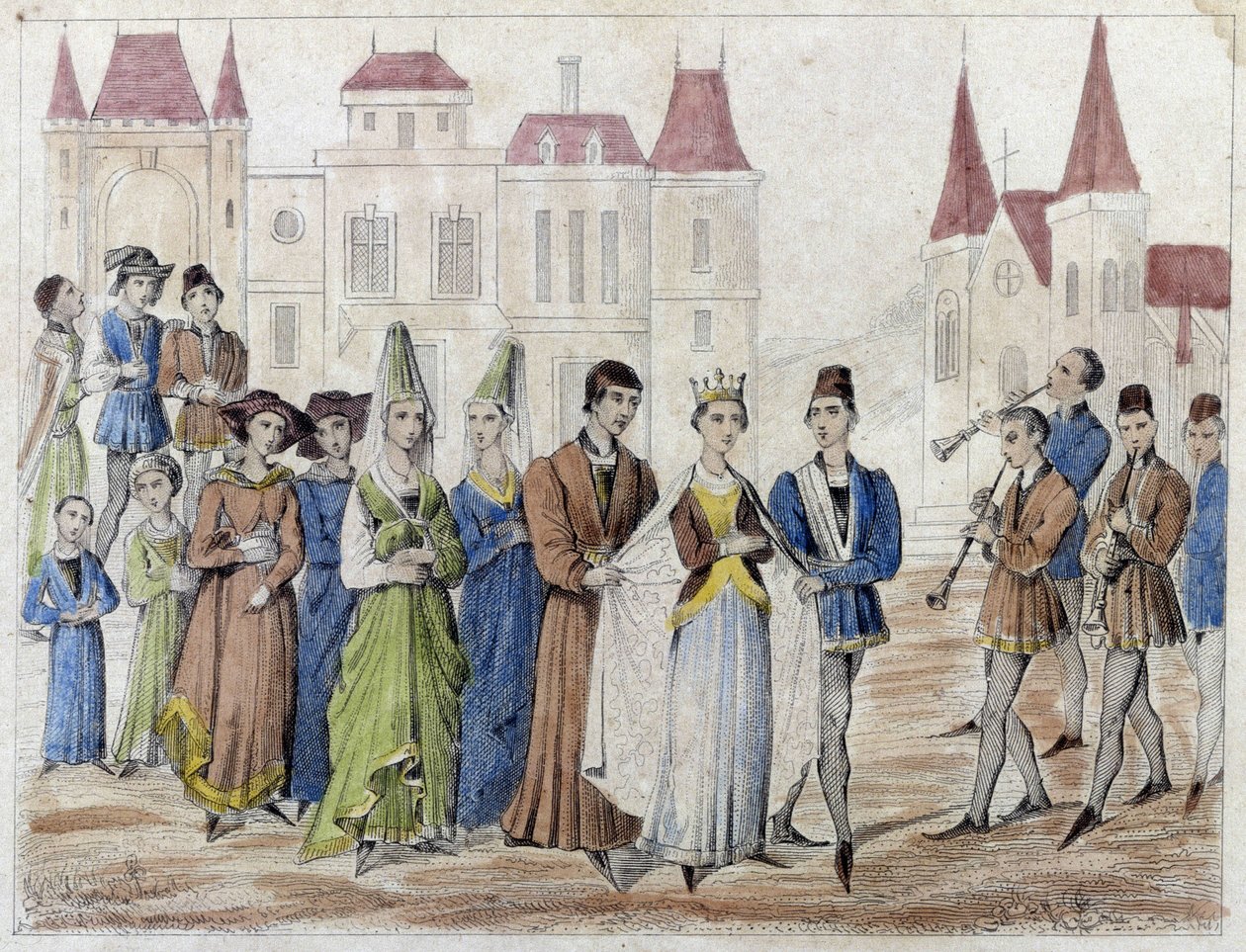 Kylän häät Kaarle V:n johdolla - Kaiverrus 1800-luvulla. tekijältä French School