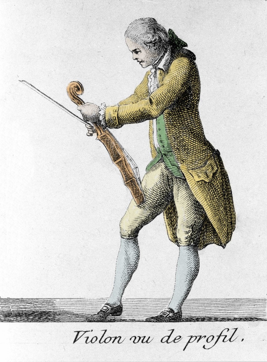 Viulu profiilista nähtynä. Kaiverrus 1700-luvun lopulta. tekijältä French School