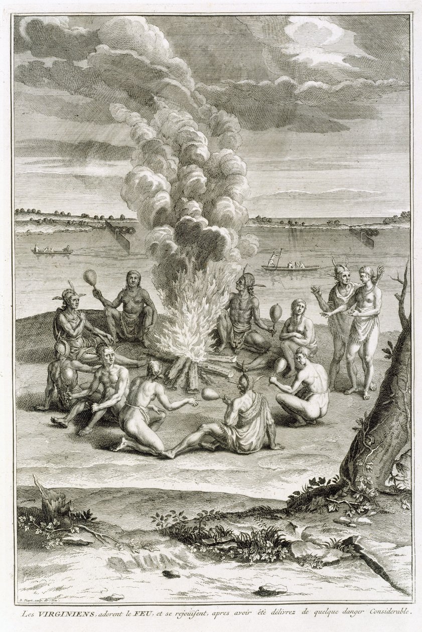 Tulta palvovat ja iloitsevat Virginialaiset, jotka on vapautettu suuresta vaarasta, kuvitus uskonnollisista seremonioista ja tavoista, kaiverrettu Bernard Picart (1673-1733) 1721 tekijältä French School