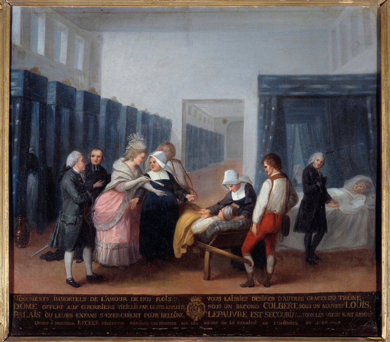 Monsieur ja Madame Neckerin vierailu hyväntekeväisyyskodissa Tämä on sairaala (nykyisin Neckerin sairaala Pariisissa), jonka ministeri ja hänen vaimonsa, Lettresin vaimo, perustivat vuonna 1778. Ranskalaisen koulun maalaus. 1700-luvulla. Pariisi, Musee de  tekijältä French School