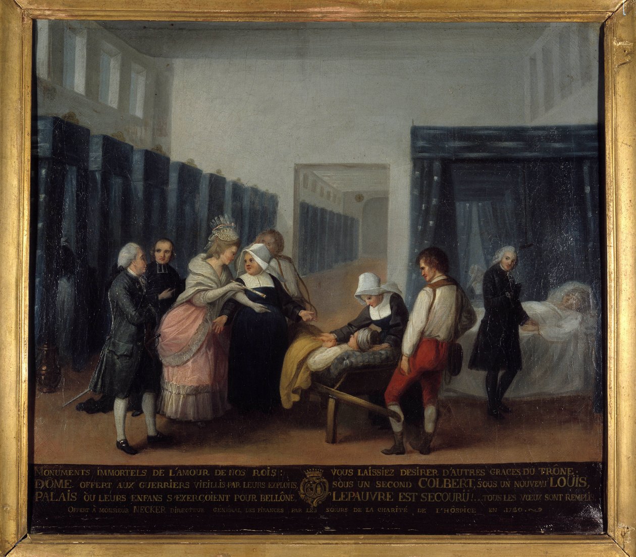 Herra ja rouva Neckerin vierailu Invalides-sairaalaan - ranskalainen koulu, julkisen avun museo, 1700-luvun loppu tekijältä French School