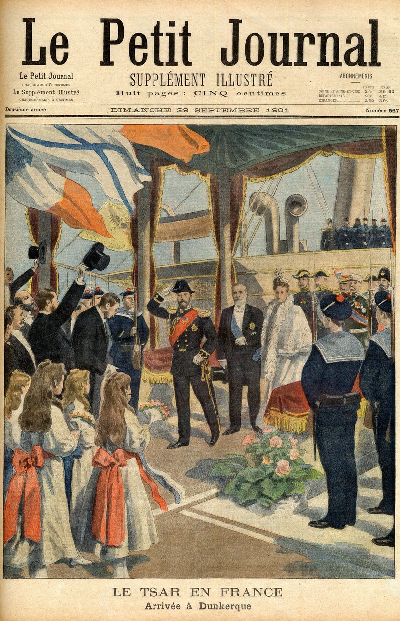 Venäjän tsaari Nikolai II:n vierailu Ranskassa Le Petit Journal -sanomalehden ensimmäinen sivu 29. syyskuuta 1901 (kaiverrus) tekijältä French School