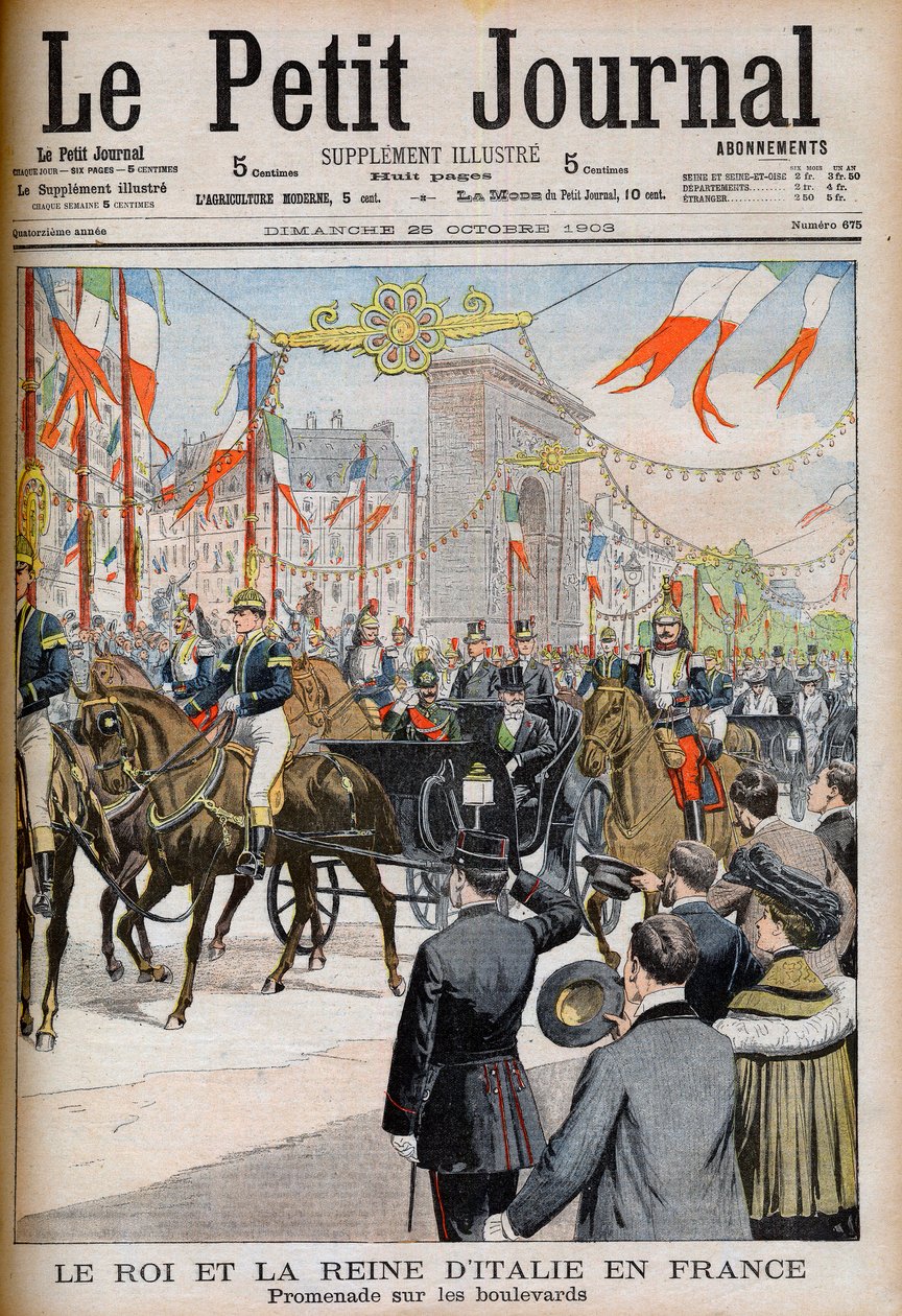 Italian kuninkaan ja kuningattaren vierailu Ranskassa. Italian kuningas ja kuningatar Ranskassa. Promenade bulevardeilla Ranskan tasavallan presidentin Emile Loubetin kanssa - Kuvitus Le petit Journalille, 25. lokakuuta 1903 - Victor Emmanuel III (Victor-E tekijältä French School