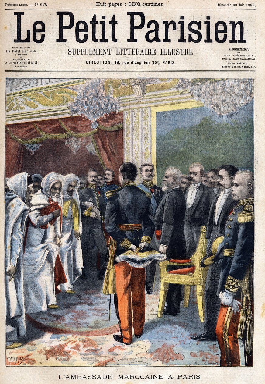Ranskan presidentti Emile Loubet (1838-1929) vastaanotti vierailun Marokon suurlähetystöön Pariisissa "Le Petit Parisien" -rakennuksessa 30.6.1901 (kaiverrus) tekijältä French School