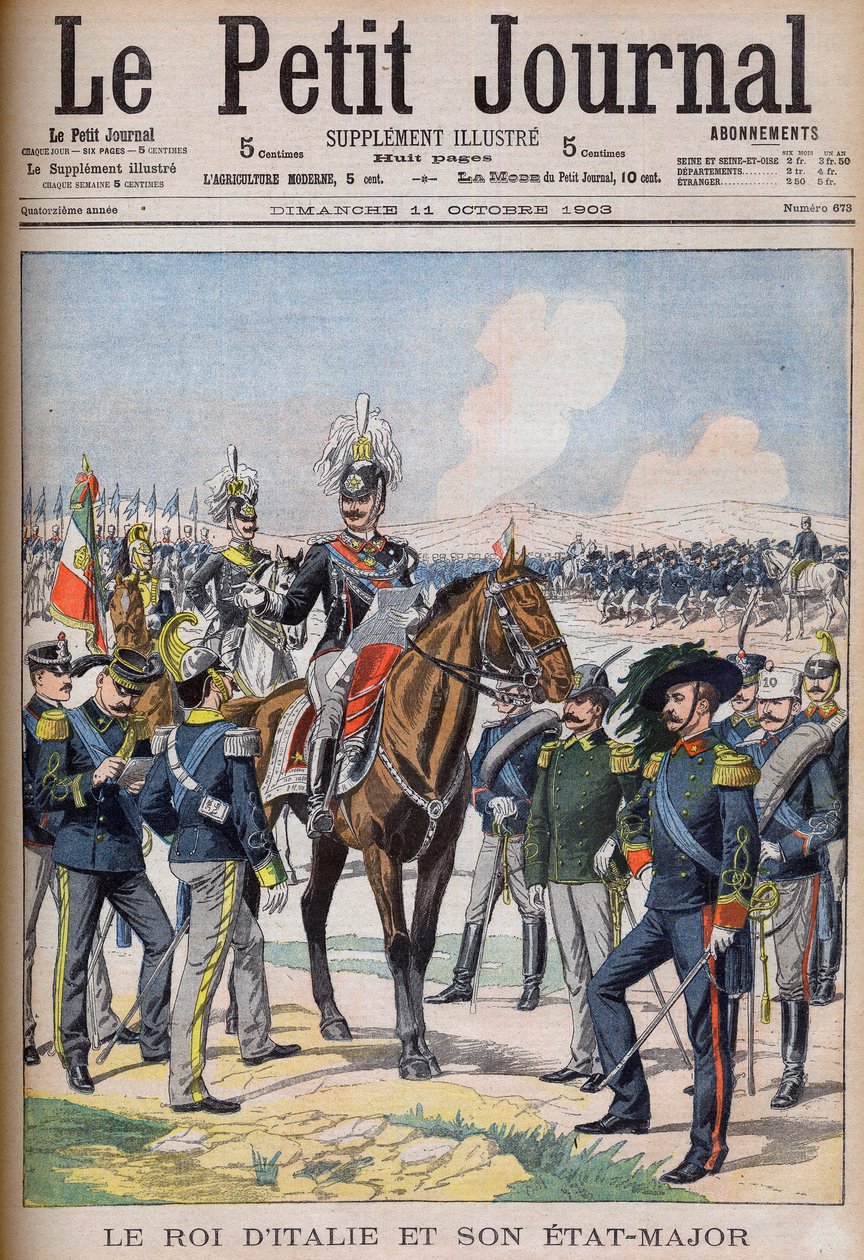 Vittorio Emanuele III di Savoia - Italian kuningas Viktor Emmanuel III ja hänen kenraalinsa. Italian kuningas ja hänen esikuntansa. Kuvitus Le petit Journalille tekijältä French School