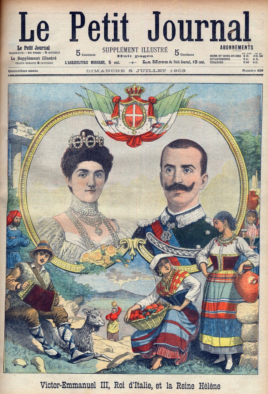 Vittorio Emanuel III ja Savoian Helena - Italian kuningas Viktor Emmanuel III ja kuningatar Helena. Victor Emmanuel III, Italian kuningas ja kuningatar Helene. Kuva Le petit Journalille, 5. heinäkuuta tekijältä French School