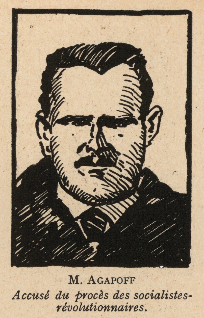 Vladimir Agapov, venäläinen sosialistivallankumouksellinen poliitikko, joka oli yksi syytetyistä sosialistivallankumouksellisten oikeudenkäynnissä Moskovassa vuonna 1922, Neuvostoliiton ensimmäisessä näytösoikeudenkäynnissä (litografia). tekijältä French School