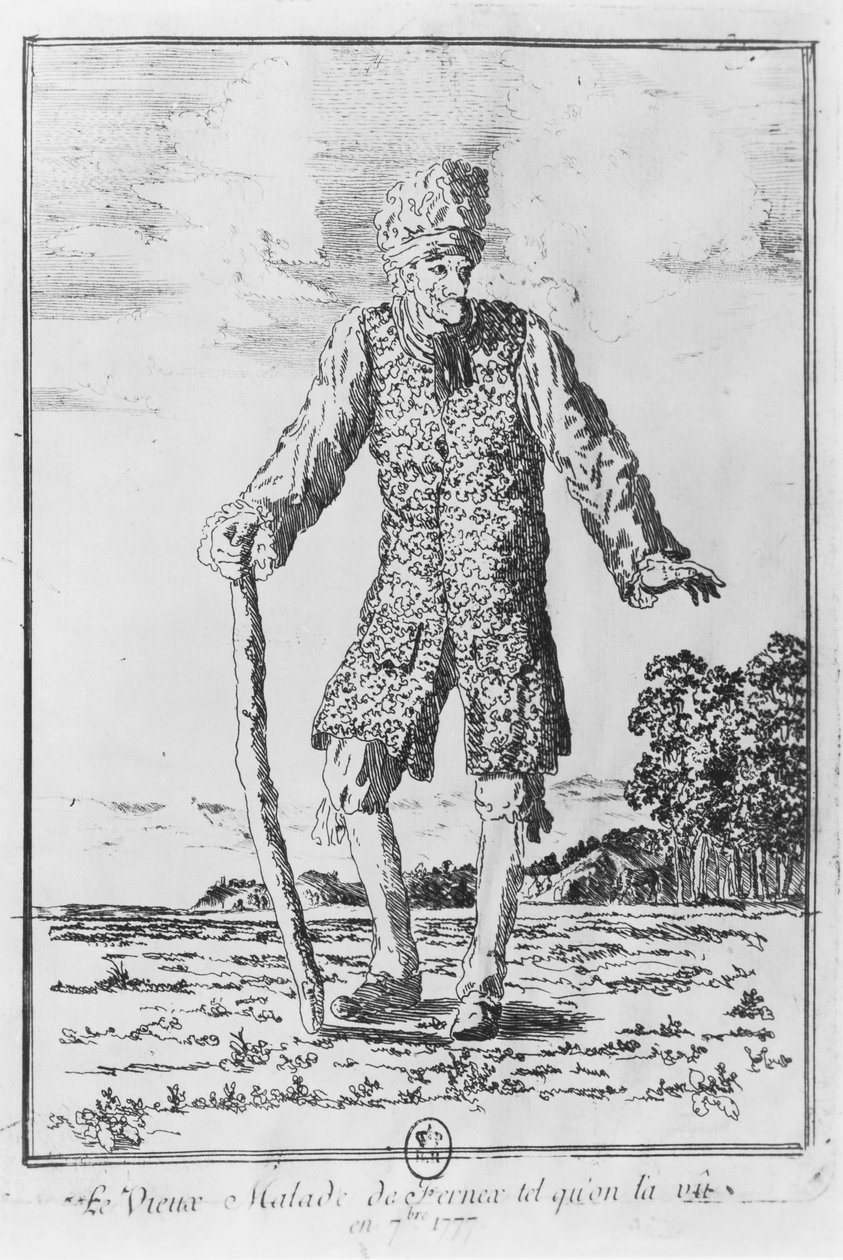 Voltaire Ferneyssä: "Fernexin sairas vanha mies sellaisena kuin näimme hänet syyskuussa 1777" (kaiverrus) tekijältä French School