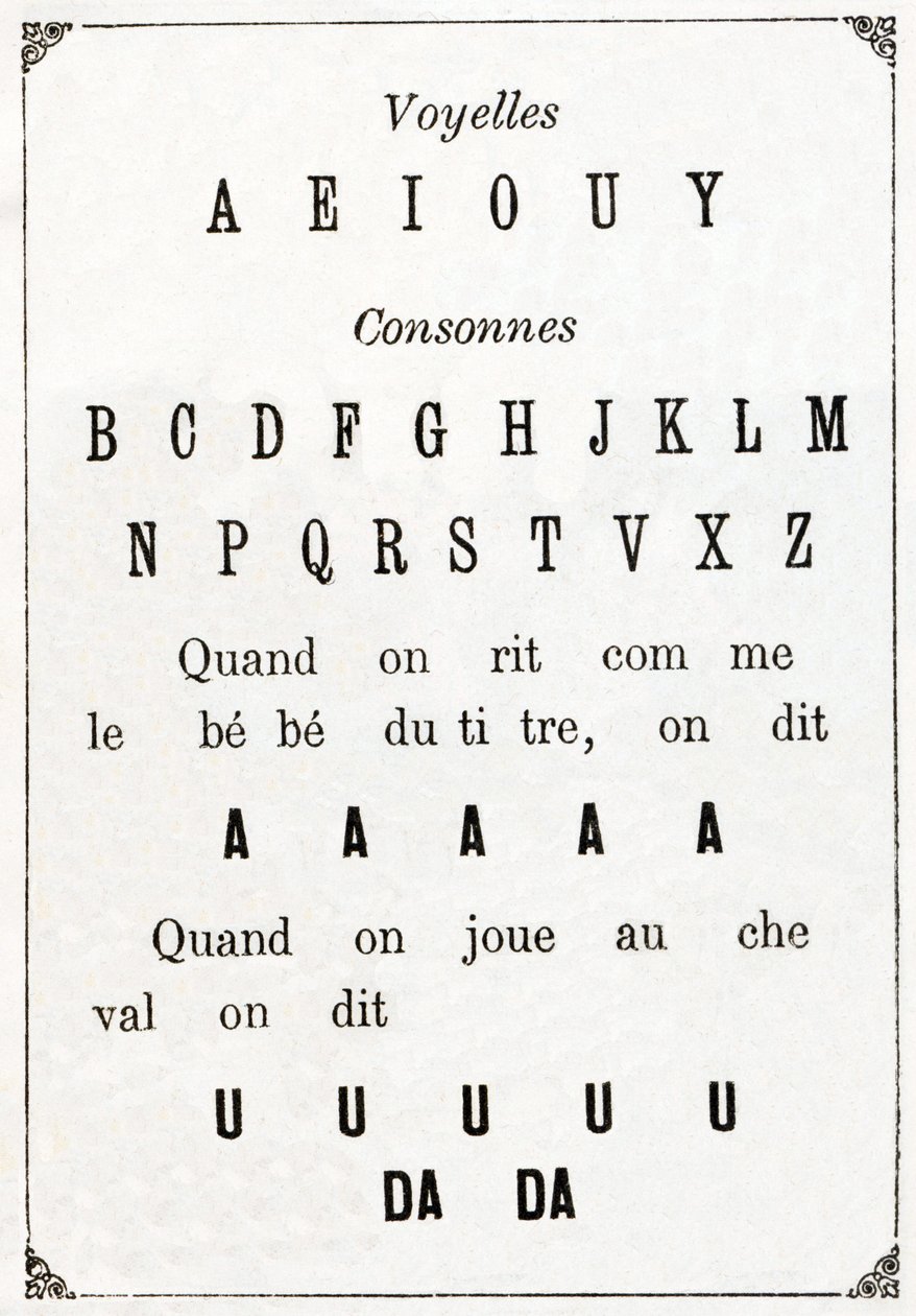 Vokaalit ja Cononne kirjassa "Alphabet des petits savants", 1800-luvun loppu (kromolitografia) tekijältä French School