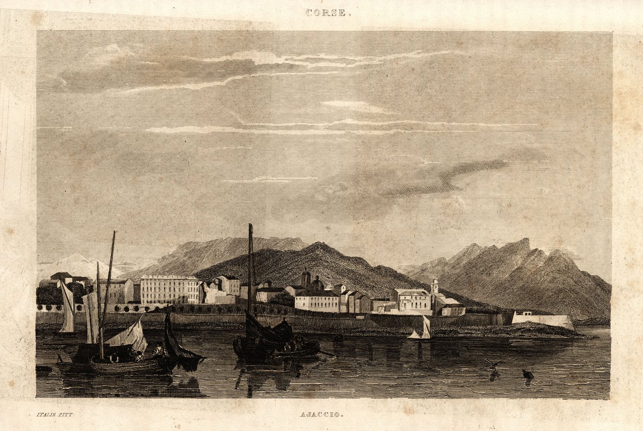 Näkymä Ajacciosta, Korsikasta, kaiverrus vuodelta 1836. tekijältä French School