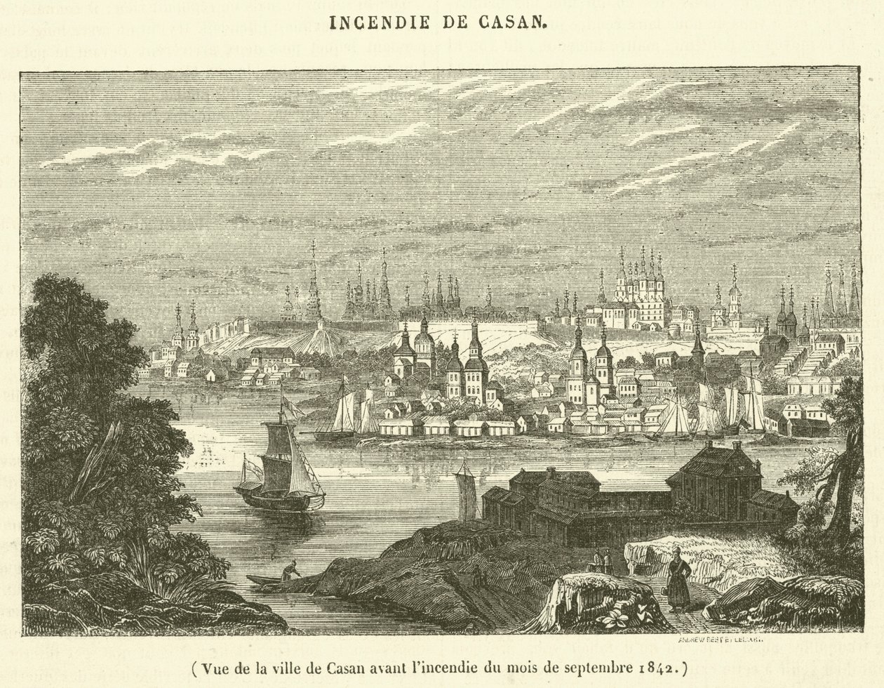 Näkymä Casanin kaupungista ennen tulipaloa syyskuussa 1842 (kaiverrus). tekijältä French School
