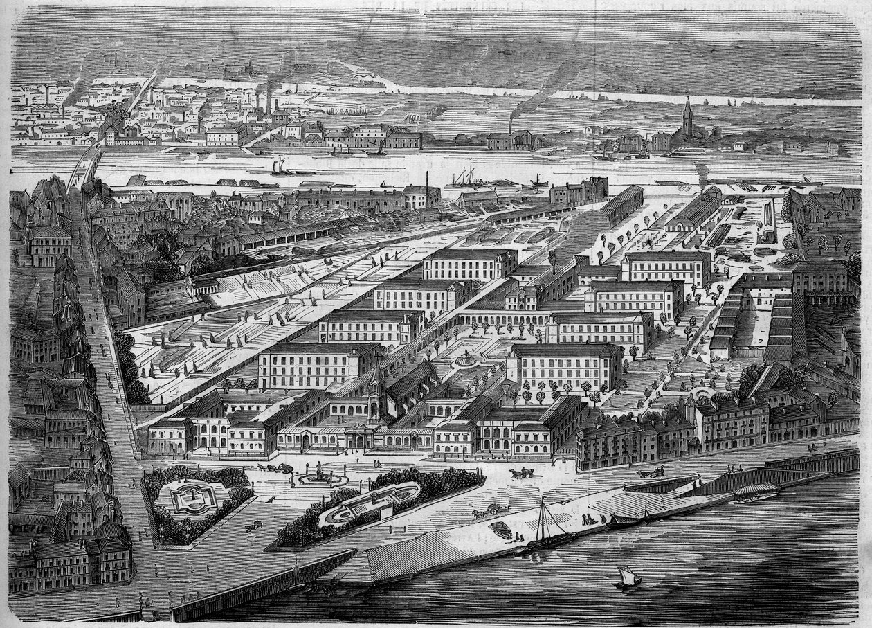 Ulkokuva Nantesissa sijaitsevasta Hotel Dieusta (Hotel-Dieu), joka vihittiin käyttöön vuonna 1863. Tämä sairaala tuhoutui lähes kokonaan pommituksissa vuonna 1943. Loire Atlantique (44). Kaiverrus ""Le Monde Illustre" -julkaisussa nro 347, 5. joulukuuta 18 tekijältä French School