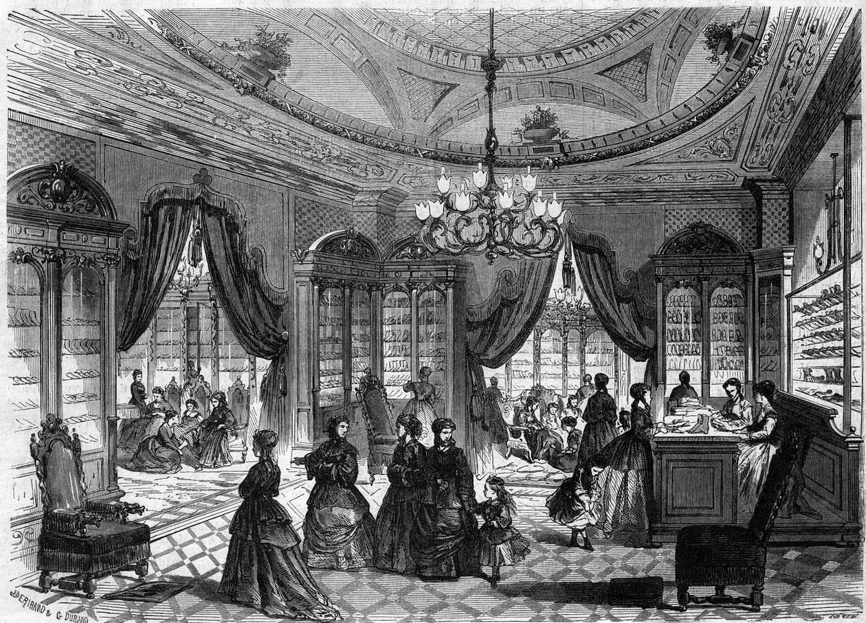 Sisäkuva herra Herbertin kenkäliikkeestä, 93 rue de Richelieu Pariisissa. Kaiverrus ""Le Monde Illustre" -julkaisussa nro 613, 9. tammikuuta 1869. tekijältä French School