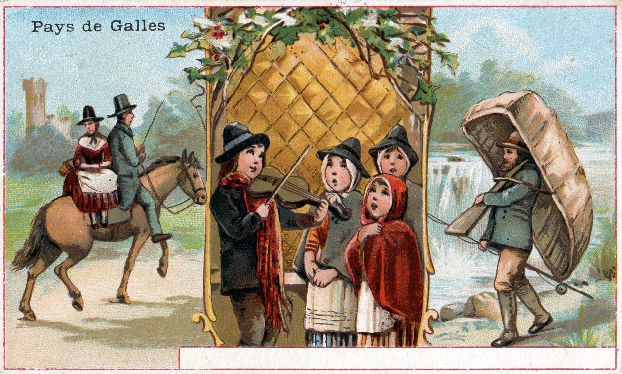 Wales, tarjouskortti Chicorée à la Bergère -juomalle, jossa on kuvauksia Walesin elämästä, n. 1890 (katso myös 488432) tekijältä French School
