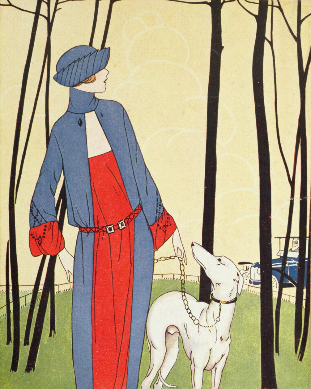 Koiran ulkoiluttaminen, Art-Goût-Beauté, huhtikuu 1921 (vedos). tekijältä French School