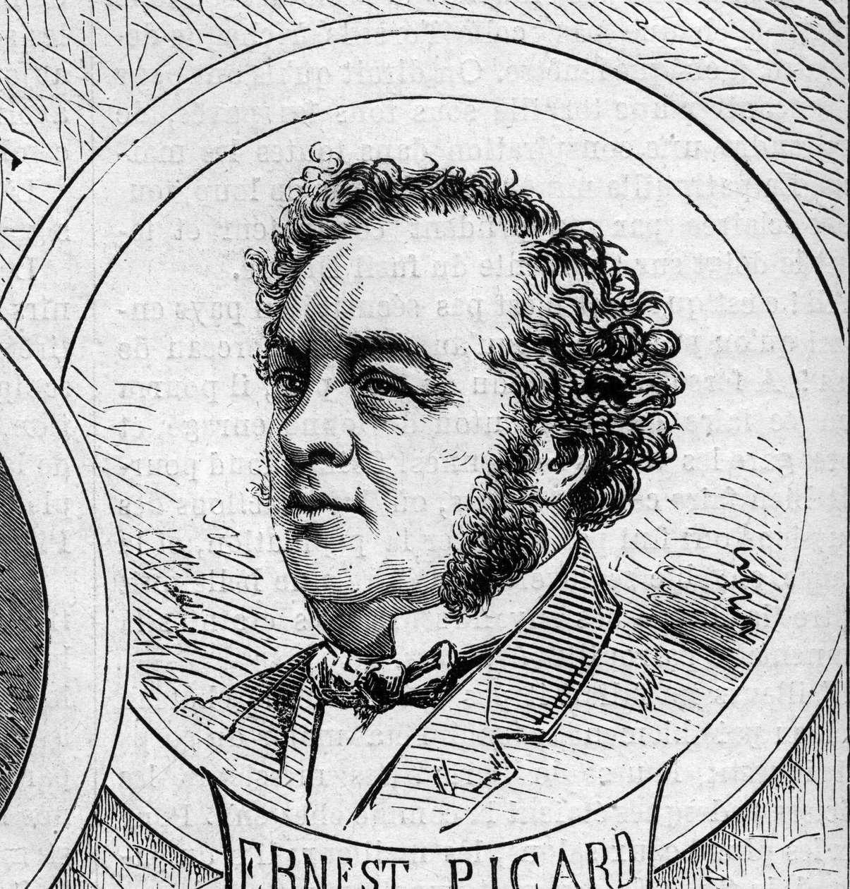 Sota 1870 - Maanpuolustushallitus: Ernest Picardin (1821-1877), vuoden 1870 väliaikaisen hallituksen jäsenen muotokuva. Kaiverrus "" Le Monde Illustré" -julkaisussa nro 706, 22. lokakuuta tekijältä French School