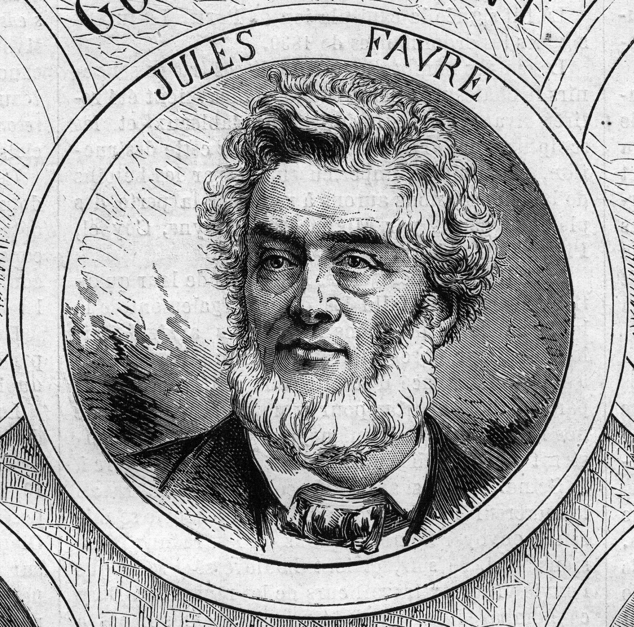 Sota 1870 - Maanpuolustushallitus: muotokuva Jules Favresta (1809-1880), vuoden 1870 väliaikaisen hallituksen jäsen. Kaiverrus "" Le Monde Illustré" -julkaisussa nro 706, 22. lokakuuta tekijältä French School