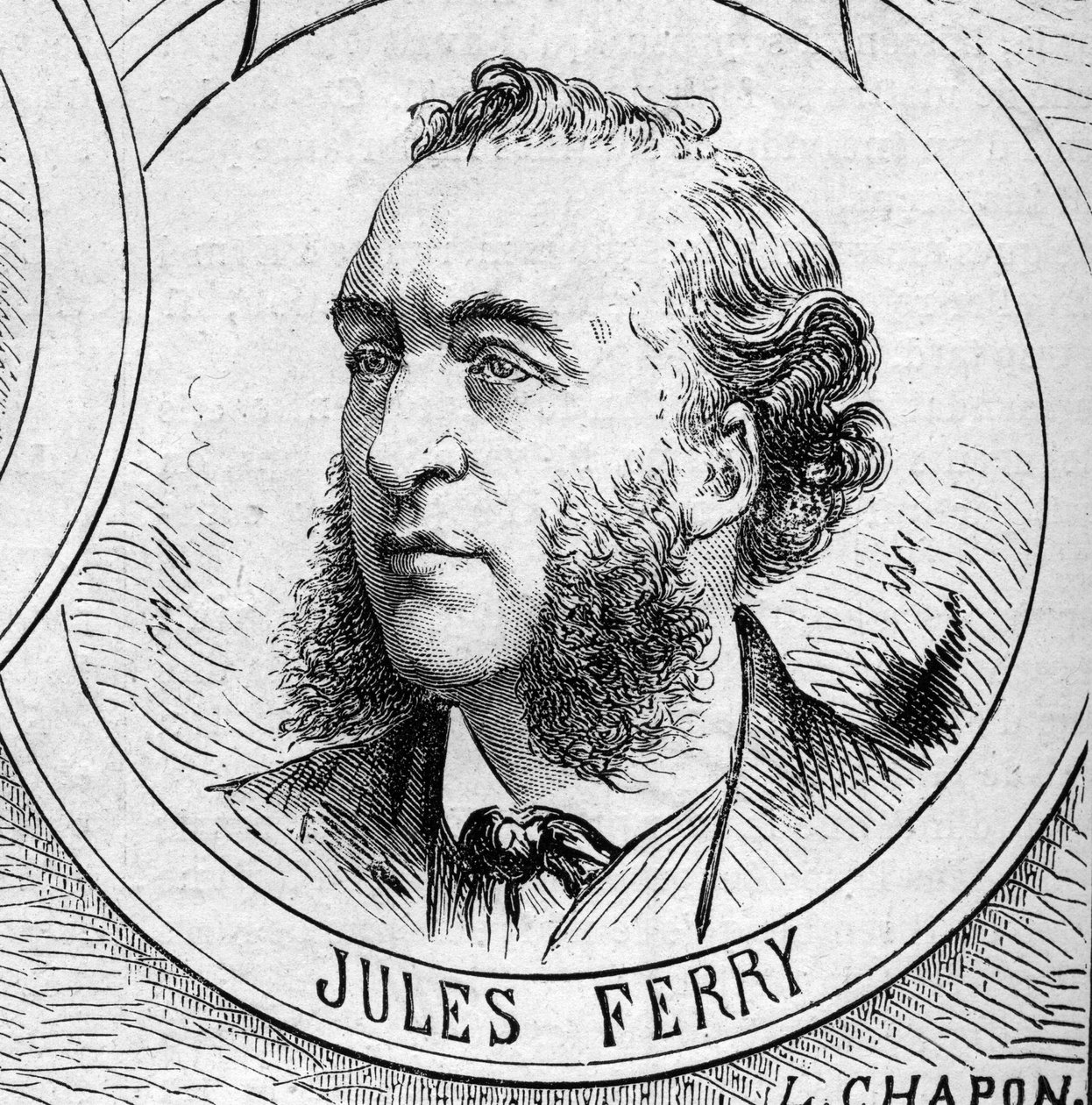 Sota 1870 - Maanpuolustushallitus: muotokuva Jules Ferrystä (1832-1893), vuoden 1870 väliaikaisen hallituksen jäsen. Kaiverrus "" Le Monde Illustré" -julkaisussa nro 706, 22. lokakuuta tekijältä French School