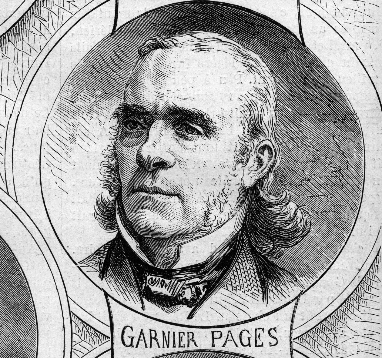 Sota 1870 - Maanpuolustushallitus: muotokuva Louis Antoine Garnier Pagesista (Garnier-Pages) (1803-1878), vuoden 1870 väliaikaisen hallituksen jäsen. Kaiverrus "" Le Monde Illustré" -julkaisussa nro 706, 22. lokakuuta tekijältä French School