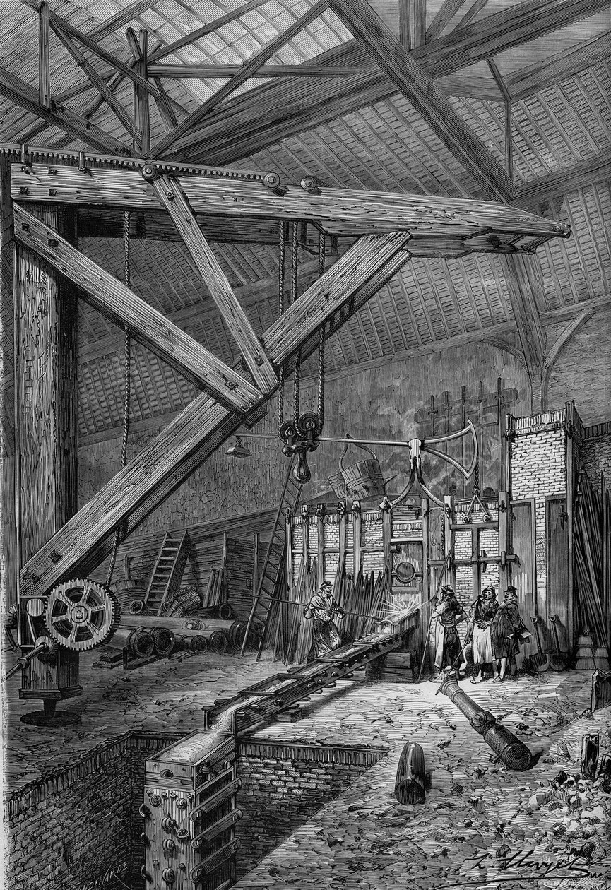 Sota 1870 - Pariisin päämaja: "Petity Moniteur" -kaanonin sulaminen, lehden lukijoiden rahoittama, herra Broquinin ja Lainen työpajoissa Pariisissa. Kaiverrus "" Le Monde Illustré" -julkaisussa nro 721, 4. helmikuuta 1871. tekijältä French School