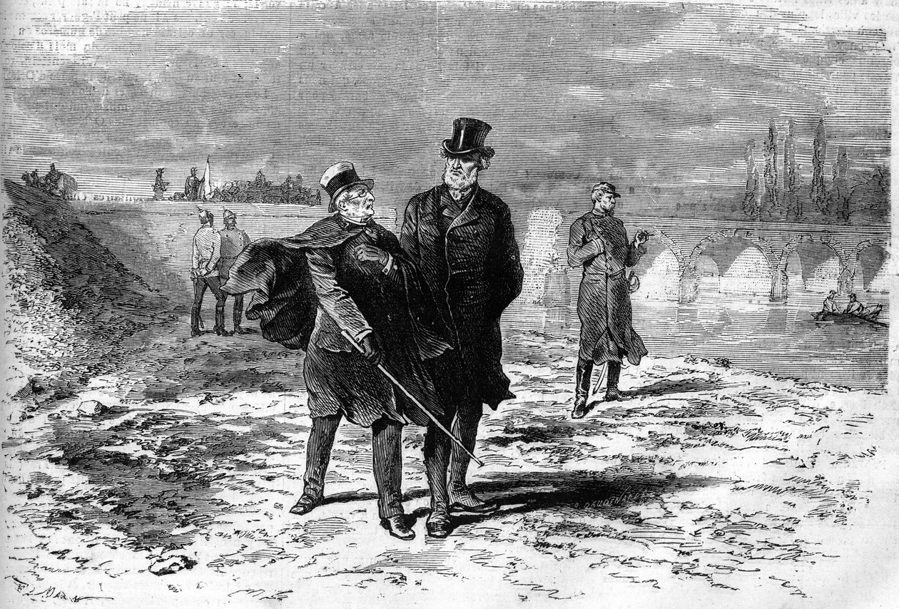 Vuoden 1870 sota: Adolphe Thiersin (1797-1877) ja Jules Favren (1809-1880) haastattelu, joka päätti aseleponeuvottelujen katkeamisesta Saksan kanssa. Kaiverrus "" Le Monde Illustré" -julkaisussa nro 709, 12. marraskuuta 1870. tekijältä French School