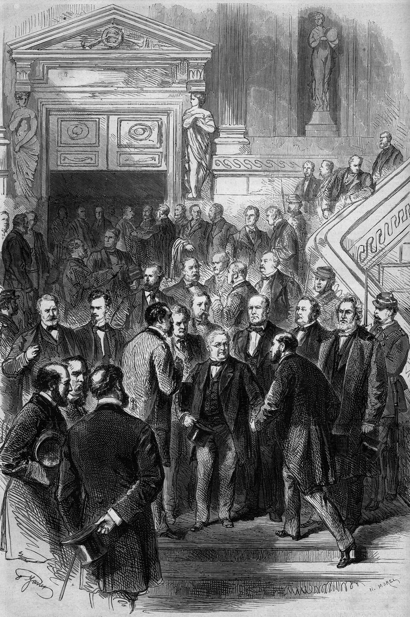 Sota 1870: Neuvoston puheenjohtaja Adolphe Thiers (1797-1877) vastaanotti kansanedustajien onnittelut hänen vapautumisestaan Bordeaux