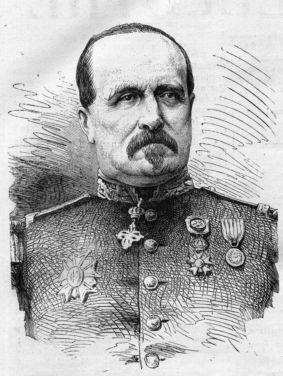 Vuoden 1870 sota: ranskalaisen sotilaan Jules Marie Ladreit de La Charrieren (1806-1870) muotokuva. Kaiverrus "" Le Monde Illustré" -julkaisussa nro 714, 17. joulukuuta 1870. tekijältä French School