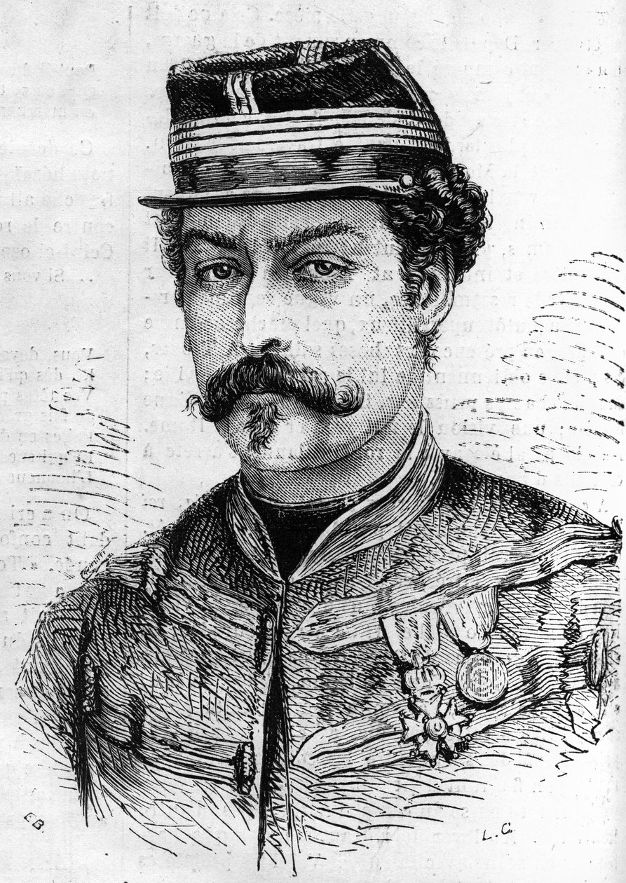 Sota 1870: muotokuva Leon Franchettista (1834-1870), ranskalainen sotilas, Seinen partiolaisten komentaja. Kaiverrus "" Le Monde Illustré" -julkaisussa nro 714, 17. joulukuuta 1870. tekijältä French School