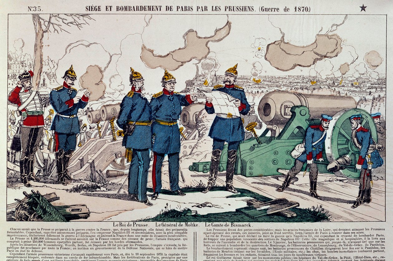 Vuoden 1870 sota: preussilaiset piirittävät ja pommittavat Pariisin kaupunkia. Preussin kuningas Vilhelm I (1797-1888), kenraali Moltke (1800-1891) ja liittokansleri Otto von Bismarck (1815-1898) ryhtyivät neuvonantajiksi. Kaiverrus vuodelta 1870. Pariisi, tekijältä French School