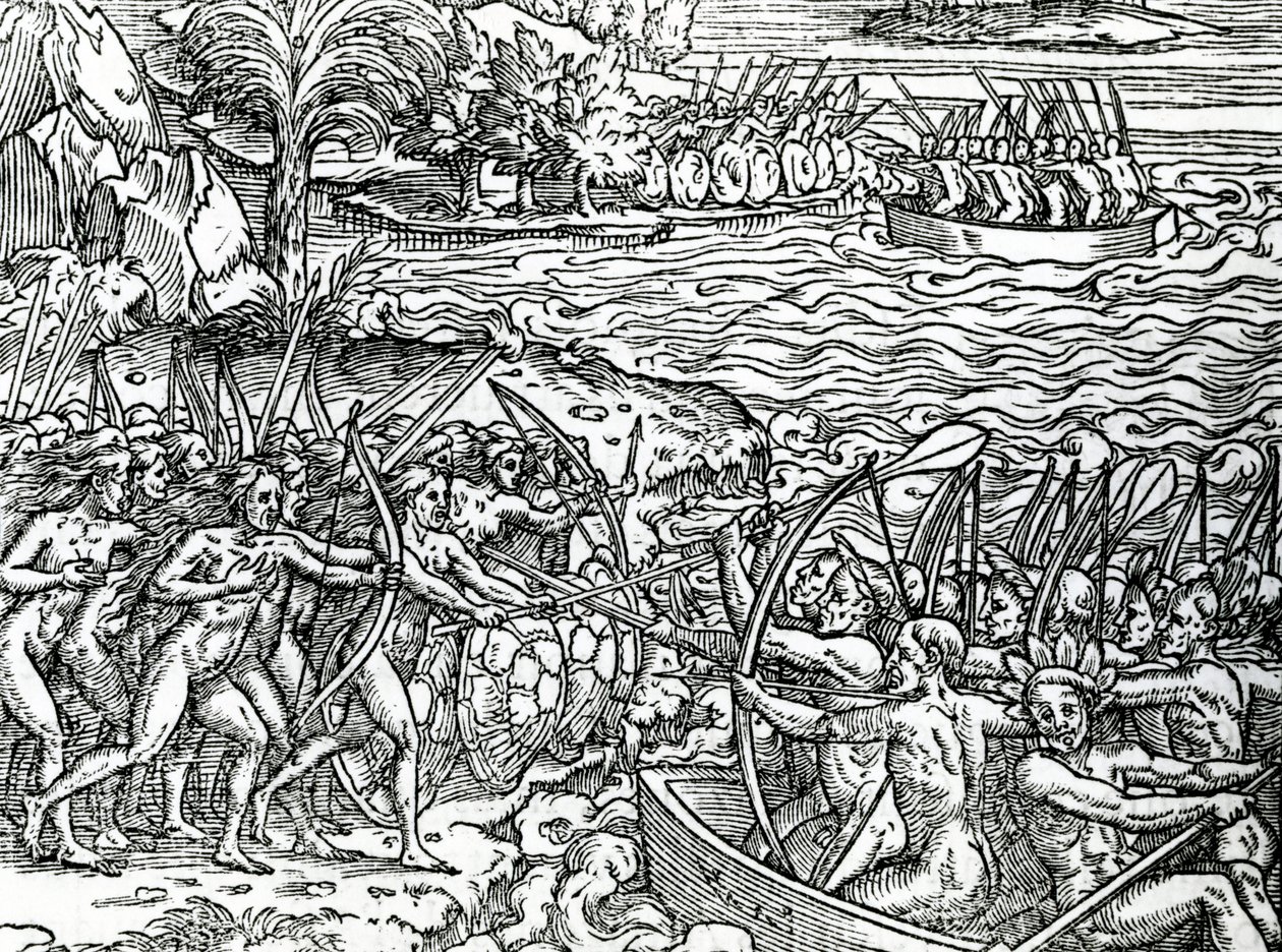 Sotakohtaus, Brasilia, kuvitus elokuvasta "Singularities of France Antarktique", kirjoittanut Andre de Thevet, 1558 tekijältä French School