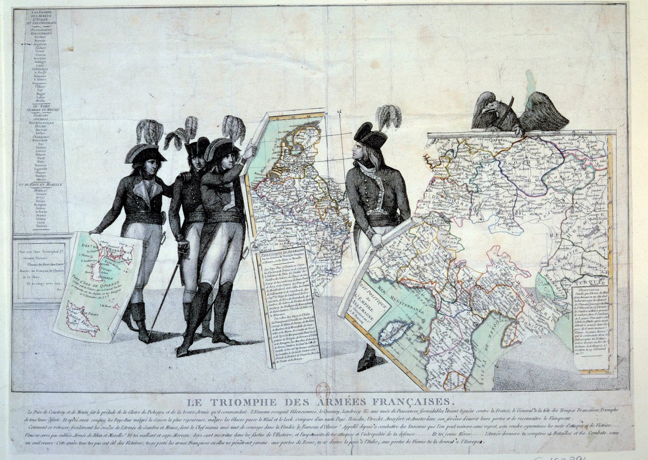Vallankumouksen sodat: Kenraali Napoleon Bonaparte (1769-1821) pitelee Italian karttaa (Italian kampanjan aikaan) täydentääkseen Ranskan valloittamien alueiden arvoitusta. Vasemmalla luultavasti kenraalit Hoche, Pichegru ja Jean Victor (Jean- tekijältä French School