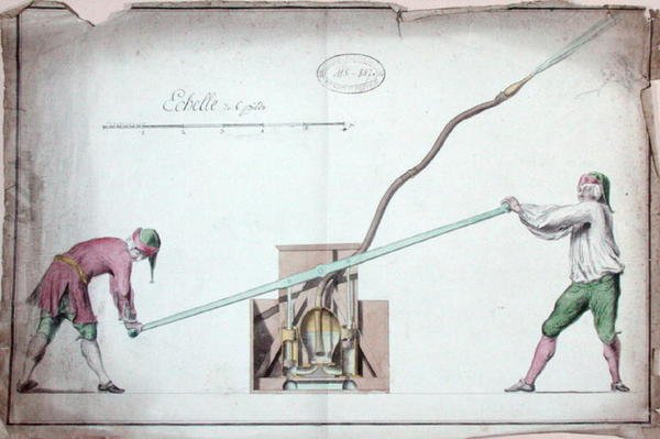 Vesipumppu tulipalojen sammuttamiseen, 1700-luvun puoliväli (akvarelli paperille) tekijältä French School