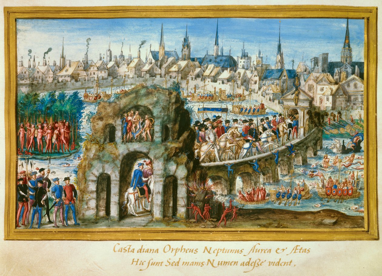 Rouenin kaupungin järjestämät vesinäytökset kuningas Henrik II:n (1519-1559) ja Katariina de Medicin (Caterina de Medici) (1519-1589) kuninkaallisen sisääntulon yhteydessä 1.10.1550. Vasemmalla olevan intiaanikylän jälleenrakennus Brasiliassa. Miniatyyri tekijältä French School