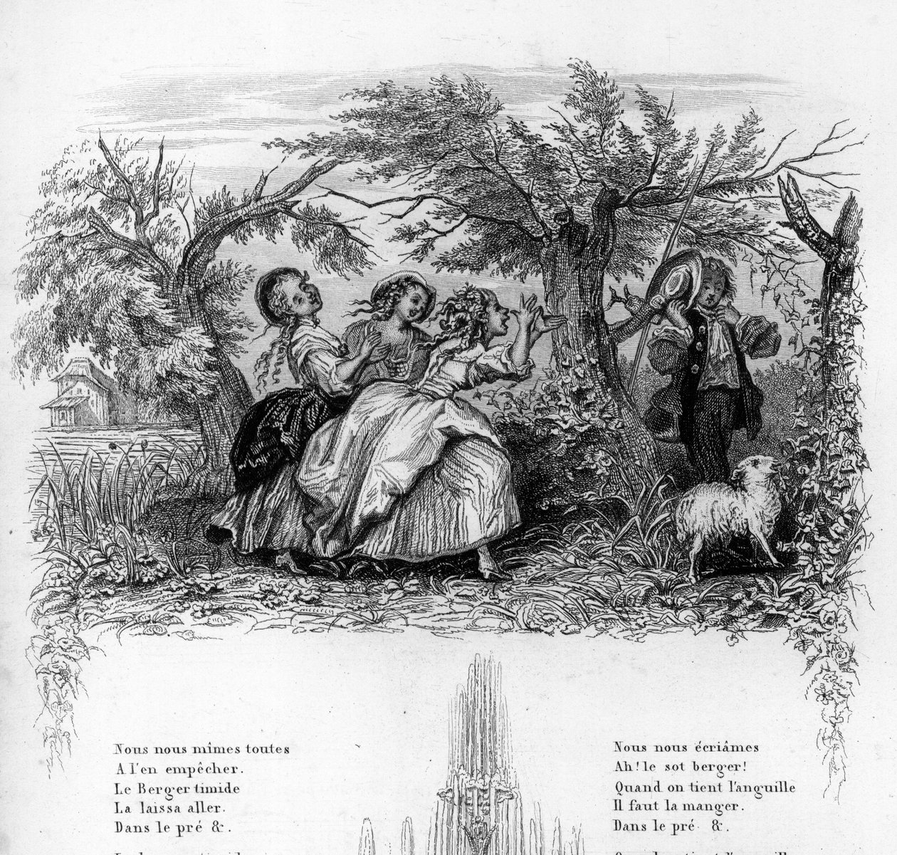 Meitä oli kolme tyttöä. Kolme tyttöä leikkimässä paimenen kanssa ja saamassa hänet epämukavaksi. Kaiverrus "" Chants et chansons populaire de la France"", Tome 2 tekijältä French School