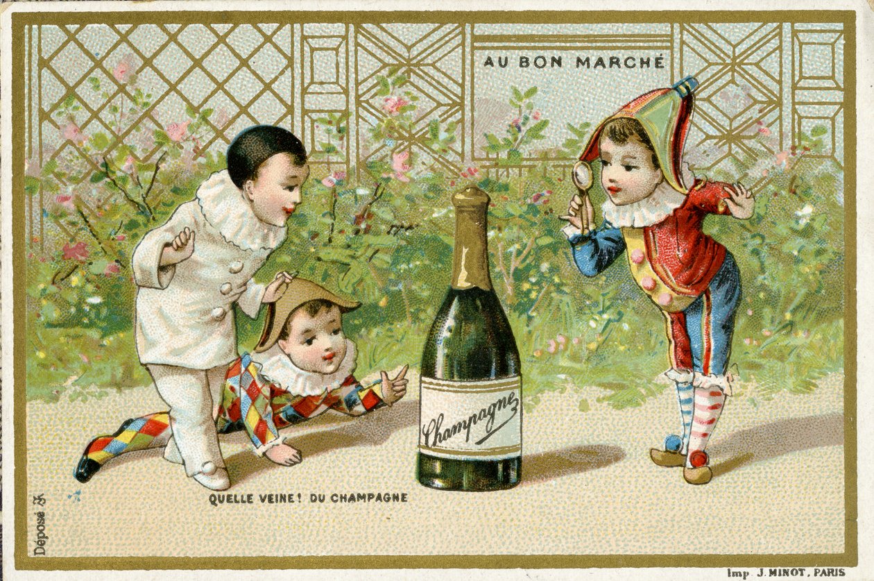 Mikä onni! samppanjapullo, Pariisin Au Bon Marché -tavaratalon mainoskortti, n. 1895 (katso myös 488428) tekijältä French School