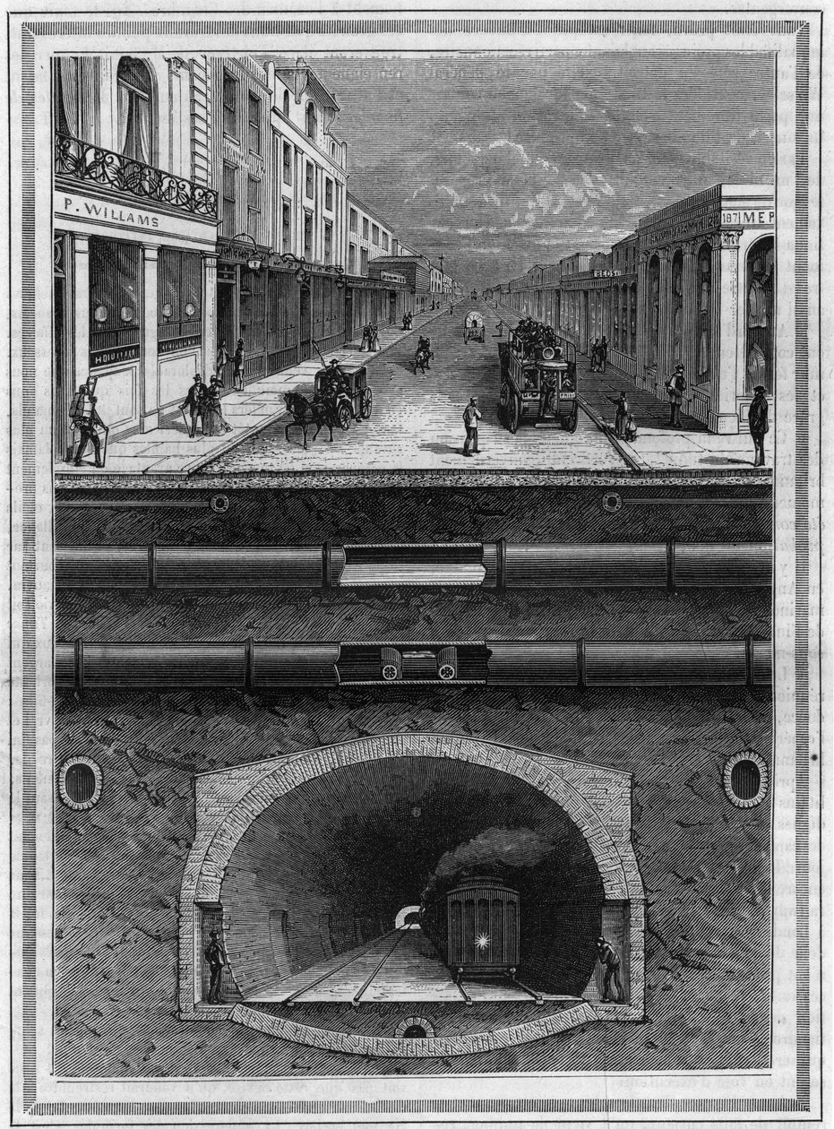 Lontoon (Iso-Britannia) päällysteen alla: Kaasuputki, vesiputki, pneumaattinen jäteputki, viemärit, tunneli ja rautatie metropolialueille. Kaiverrus "" La Nature -kirjaan. Revue des sciences et de ses applications aux arts et à l
