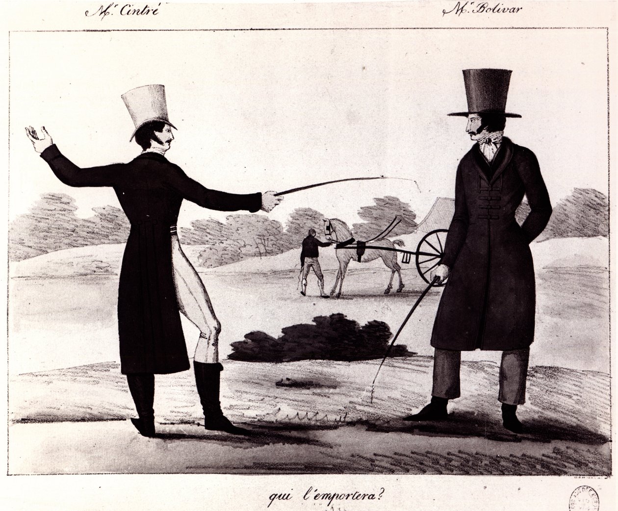 Kuka voittaa? Kohtaus M. Cintren ja M. Bolivarin kaksintaistelusta, n. 1820 tekijältä French School