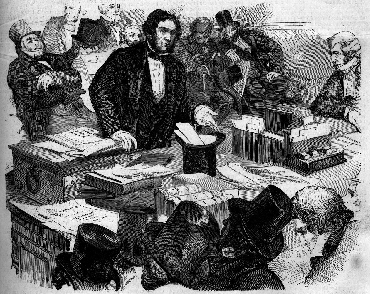 William Ewart Gladstone (1809-1898), englantilainen poliitikko, liittokansleri, esittelee budjettia ja kauppaa alahuoneessa. Lontoo, Englanti tekijältä French School
