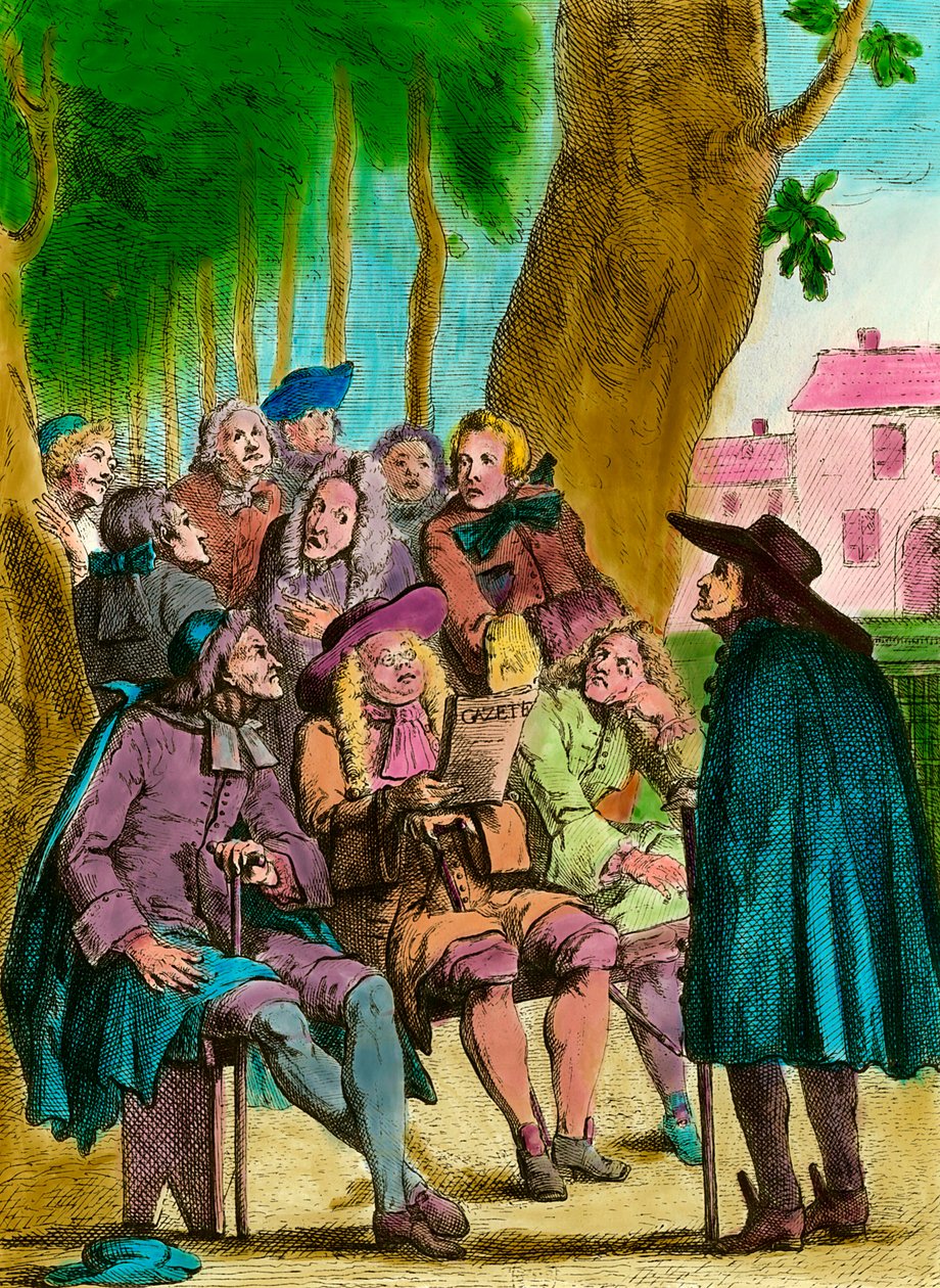 Tuulipoliitikot lukevat "Gazettea" Krakovan puun alla Luxemburgin puutarhassa Pariisin Ancien Regimen lopussa. Kaiverrus 1700-luvulta. Yksityiskokoelma tekijältä French School