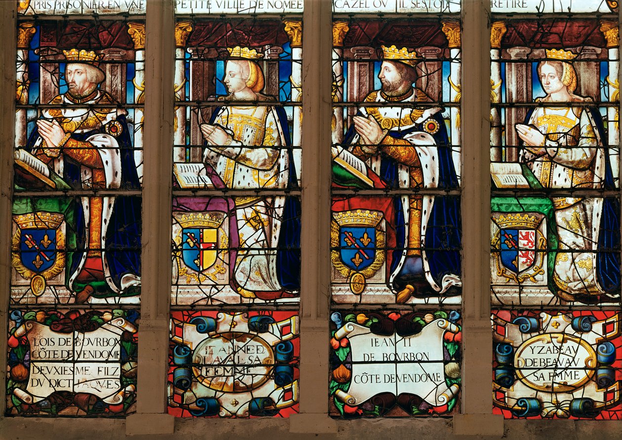 Ikkuna, joka kuvaa Louis de Bourbonia (1376-1446) Comte de Vendome, Jeanne de Laval (k.1468) Jean II de Bourbon (1446-77) Comte de Vendome abd Isabelle de Beauvau (k.1474) tekijältä French School