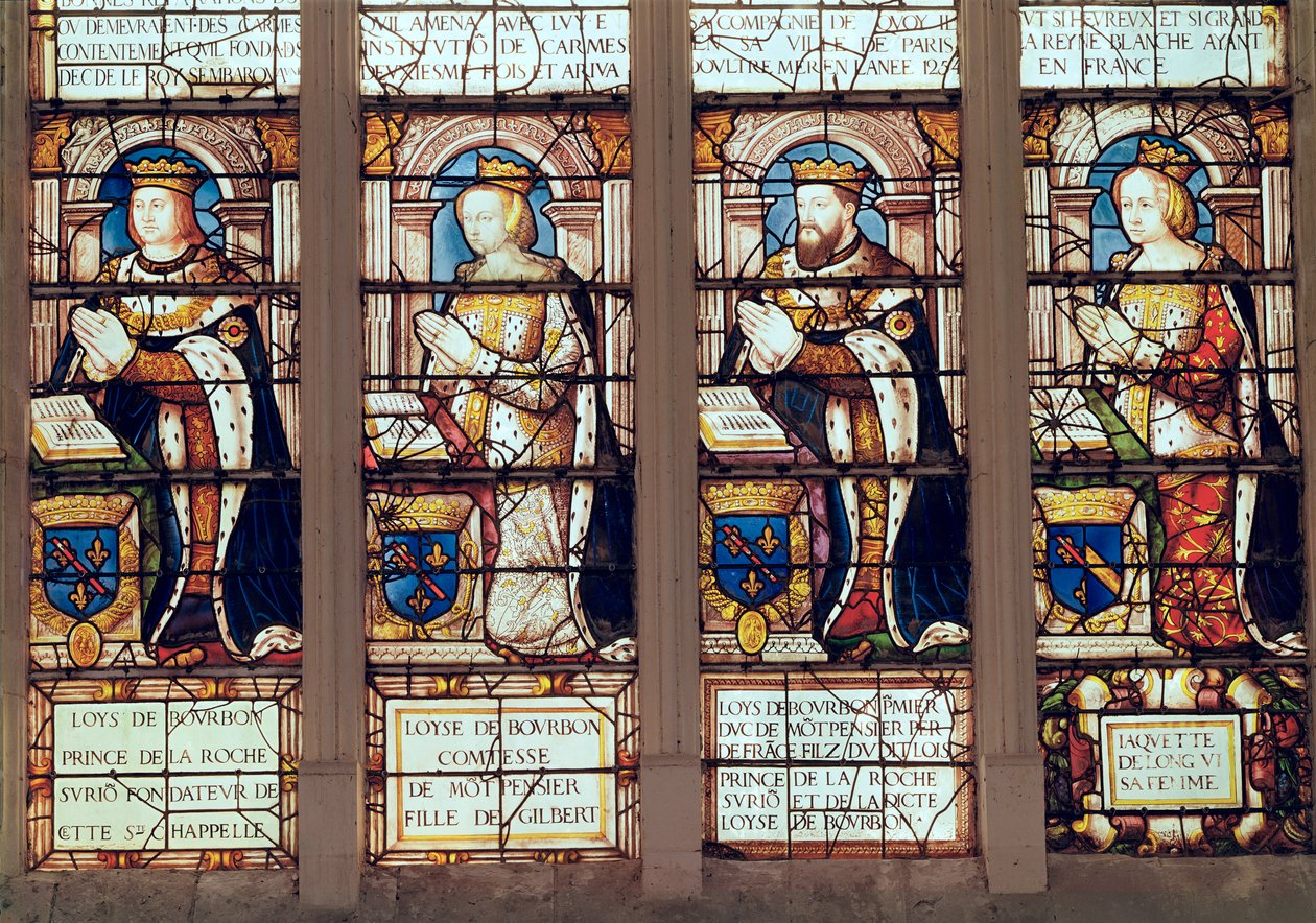 Ikkuna Louis de Bourbon (1465-1520) La Roche-sur-Yonin prinssi, Louise de Bourbon (k. 1561) Comtesse de Montpensier, Louis II de Bourbon (1513-82) Duc de Montpensier ja Jacquette de Longwy ( tekijältä French School