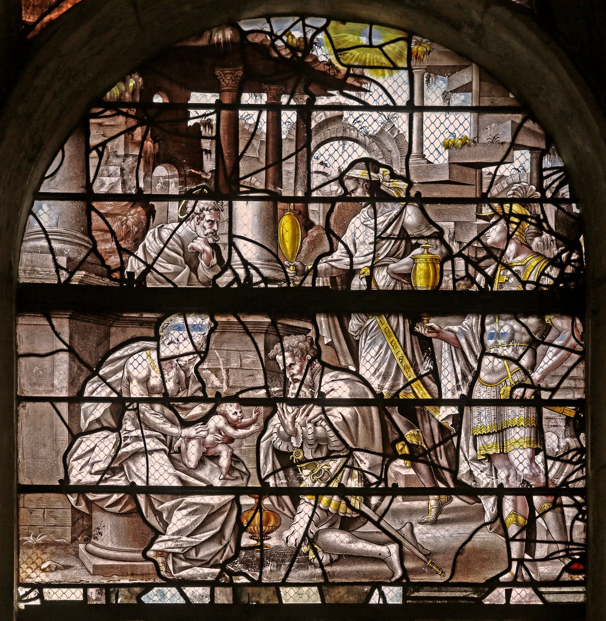 Ikkuna w10, joka kuvaa Adoration of the Magi: Durerin suunnittelemia ja Master of Des -suunnitelmien mukautuksia Story of Psyche!n:lle tekijältä French School