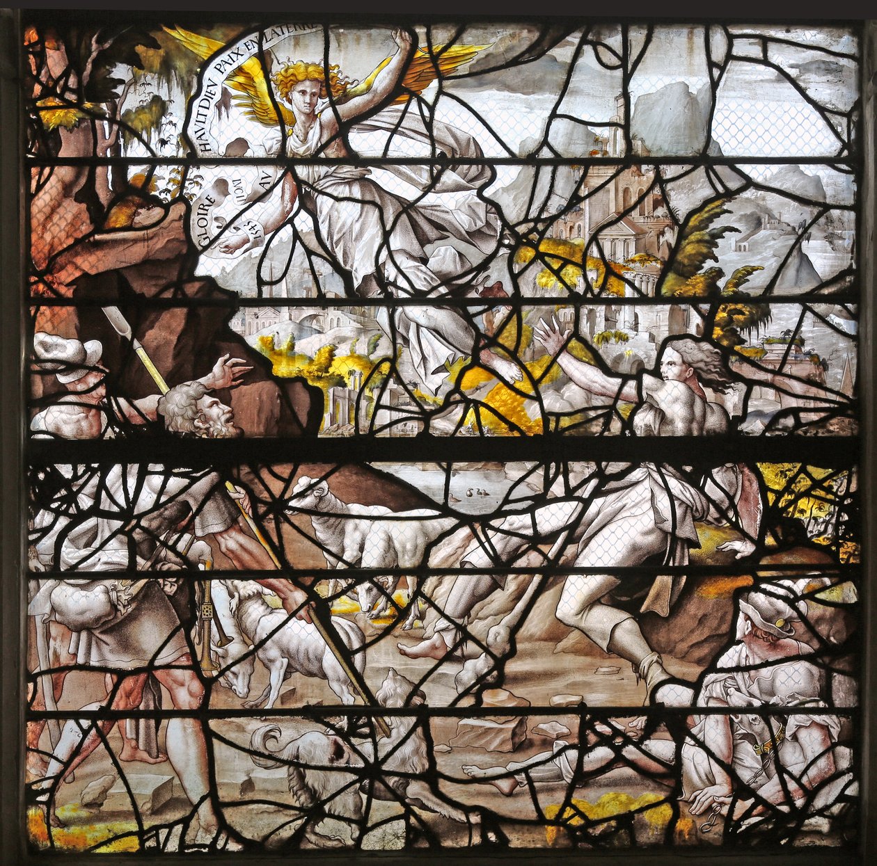 Ikkuna w10, joka esittää Annunciation to the Shepherds: Durerin suunnittelemat mallit ja Master of Des -suunnitelmien mukautukset Story of Psyche!n:lle tekijältä French School