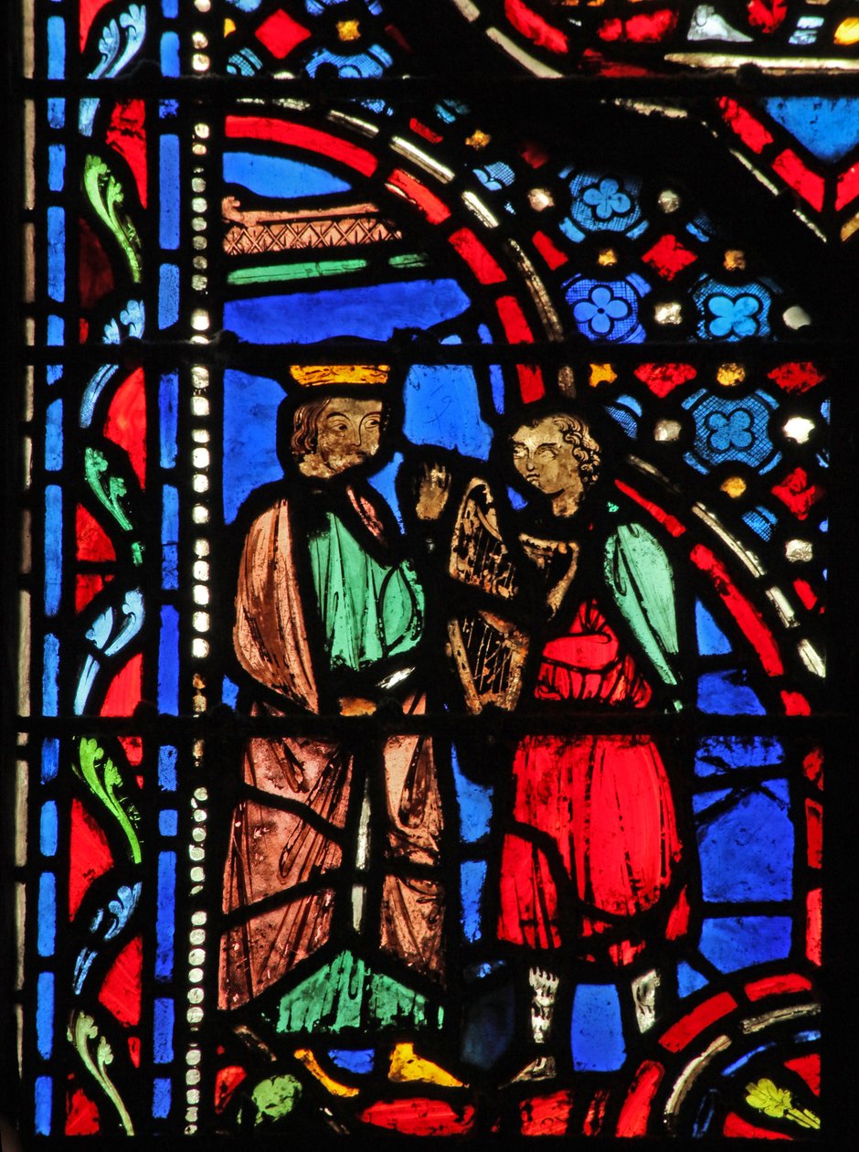 Window w14 David soittaa harppua Saul I Sam XVI:lle 23 tekijältä French School
