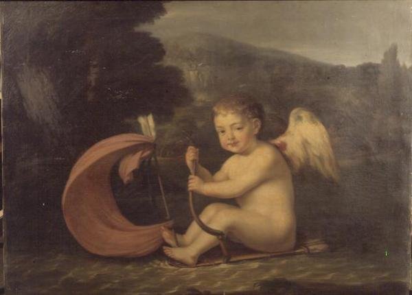 Siivekäs Cupid, purjehtii veneellä, jossa on värinärunko ja nuolemosto, n. 1800 tekijältä French School
