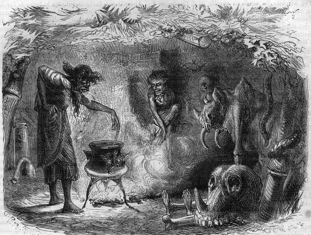 Noituusharjoitus: noita padan ympärillä tekemässä taikajuomia ja lajitteluja. Maurice Lachatren kaiverrus "Histoire des Papes-Rois-Queen and Empereurs a travers les centuries" tekijältä French School
